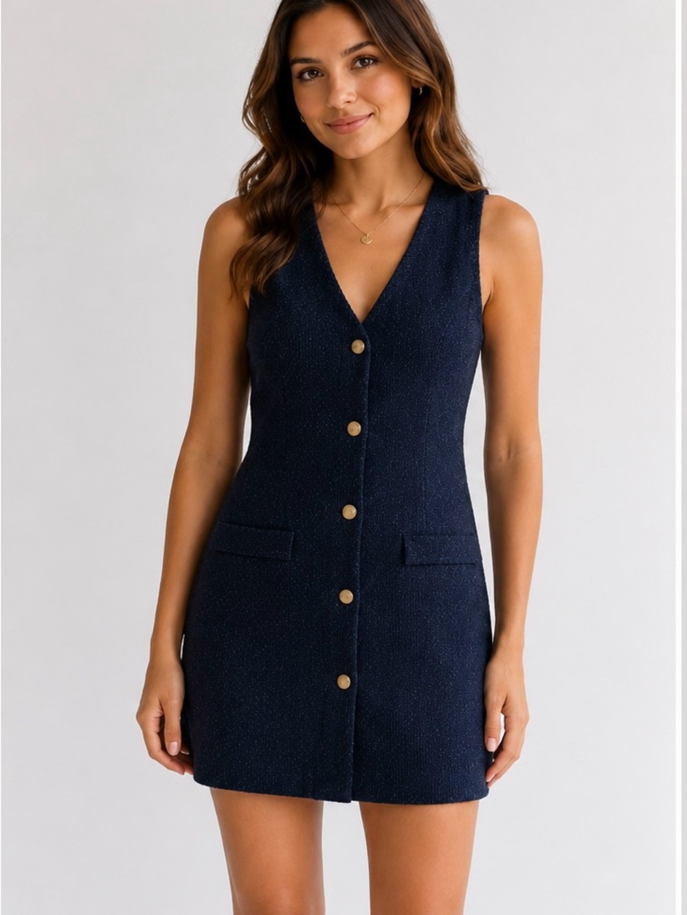 BeBop Navy Sleeveless Button-Front V-Neck Midi Dress